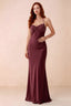 Front studio view of Blanche wine satin beaded maxi dress showing the sweetheart bodice and mermaid skirt