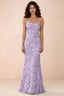 Front studio view of Belinda wisteria 3D flower mermaid maxi dress with a straight neckline and thin straps