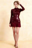 Belle Burgundy Sequin Pleats High Neck Mini Dress Long Sleeve