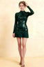 Belle Emerald Green Sequin Pleats High Neck Mini Dress Long Sleeve