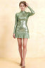 Belle Mint Sequin Pleats High Neck Mini Dress Long Sleeve