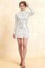 Belle White Sequin Pleats High Neck Mini Dress Long Sleeve