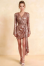 Bertha Champagne Sequin Modest Long Sleeve Mini Dress with Sash Detail