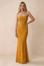 Front studio view of Bess butterscotch floral burnout maxi dress with a draped cowl neckline and thin straps
