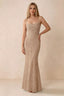 Front studio view of Bess champagne floral burnout maxi dress with a draped cowl neckline and thin straps