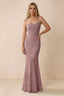 Front studio view of Bess dusty pink floral burnout maxi dress with a draped cowl neckline and thin straps