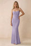 Front studio view of Bess lilac floral burnout maxi dress with a draped cowl neckline and thin straps