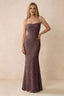 Front studio view of Bess mocha floral burnout maxi dress with a draped cowl neckline and thin straps