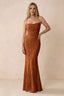 Front studio view of Bess paprika floral burnout maxi dress with a draped cowl neckline and thin straps