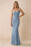 Front studio view of Bess powder blue floral burnout maxi dress with a draped cowl neckline and thin straps