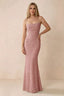 Front studio view of Bess rosette floral burnout maxi dress with a draped cowl neckline and thin straps