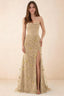 Front studio view of Beth champagne corset maxi dress with a draped neckline, floral skirt and high slit