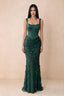 Front studio view of Betsy emerald green square-neck corset maxi dress with a floral skirt and high slit