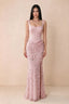 Front studio view of Betsy pink square-neck corset maxi dress with a floral skirt and high slit