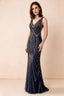 Front studio view of Betty navy and gold sequin maxi dress showing the V-neck and geometric pattern