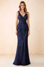 Front studio view of Betty navy sequin maxi dress showing the V-neck and geometric pattern