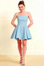 Beverly Light Blue Satin Strapless Open Back Mini Skater Dress