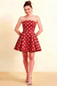 LVLVS Red Polka Dot Satin Beverly Dress strapless sweetheart neckline fit and flare mini skater dress perfect for cocktail party and date night