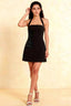 LVLVS Bianca Dress Black Crepe Square Neck Mini Halter Dress with Flower Detail for Cocktail Party