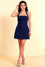 LVLVS Bianca navy blue crepe dress with square neck halter neckline and sequin flower detail, perfect for cocktail parties and formal events, front view model showcasing elegant silhouette.
