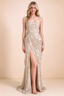 Front studio view of Blair cream jacquard ruched maxi dress with a square neckline and wide straps
