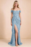 Front studio view of Blair powder blue jacquard ruched maxi dress with straps styled off the shoulders