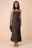 Front studio view of Carey chocolate strapless floral applique maxi dress with a matching scarf