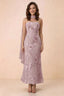 Front studio view of Carey dusty lilac strapless floral applique maxi dress with a matching scarf