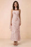 Front studio view of Carey light pink strapless floral applique maxi dress with a matching scarf