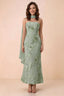 Front studio view of Carey sage green strapless floral applique maxi dress with a matching scarf