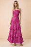 Front studio view of Bonnie fuchsia floral lace maxi dress with thin straps and three ruffle tiers
