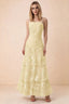 Front studio view of Bonnie lemon floral lace maxi dress with thin straps and three ruffle tiers