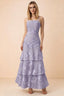 Front studio view of Bonnie pale purple floral lace maxi dress with thin straps and three ruffle tiers