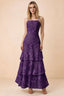 Front studio view of Bonnie plum floral lace maxi dress with thin straps and three ruffle tiers