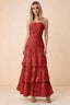 Front studio view of Bonnie red floral lace maxi dress with thin straps and three ruffle tiers
