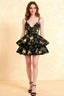 LVLVS Brenda Dress Black Floral linen look v neck spaghetti strap mini ruffle dress for Cocktail Party Classy Bridesmaid Semi-Formal Prom Homecoming Dance Club Going Out