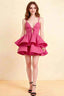 LVLVS Brenda Dress Hot Pink front view v neck spaghetti strap mini ruffle linen look party dress for cocktail bridesmaid