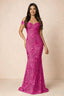 Front studio view of Bridgette fuchsia floral maxi dress with an off-shoulder sweetheart neckline