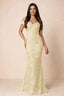 Front studio view of Bridgette lemon floral maxi dress with an off-shoulder sweetheart neckline