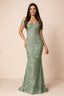 Front studio view of Bridgette sage green floral maxi dress with an off-shoulder sweetheart neckline