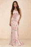 Front studio view of Brittany pink floral one-shoulder maxi dress with fitted waist and mermaid hem