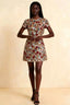 LVLVS Brooke red floral sequin embroidery high neck mini dress with sleeves, form fitting bodycon silhouette, elegant classy cocktail party look, full length front view model shot