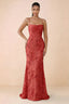 Front studio view of Brynn red floral maxi dress with a draped cowl neckline and thin straps