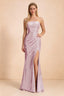 Front studio view of Calista dusty pink strapless sequin maxi dress with diagonal pleats and a high leg opening