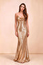 Front studio view of Callie gold sequin maxi dress with a draped cowl neckline and thin straps