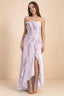 Front studio view of Camilla lilac strapless maxi dress with pleats, cascading ruffles and an asymmetric opening