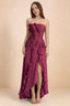 Front studio view of Camilla merlot strapless maxi dress with pleats, cascading ruffles and an asymmetric opening