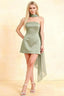 Sage green strapless Crepe mini dress with flowing chiffon neck scarf, front view perfect for cocktail parties and formal events.