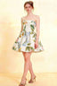 LVLVS Cara green and white floral print women's smocked-bodice fit & flare mini dress for cocktail party