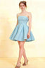 Light Blue Stretch Crepe Cara Dress for Women | Smocked-Bodice Fit & Flare Mini Cocktail Party Dress